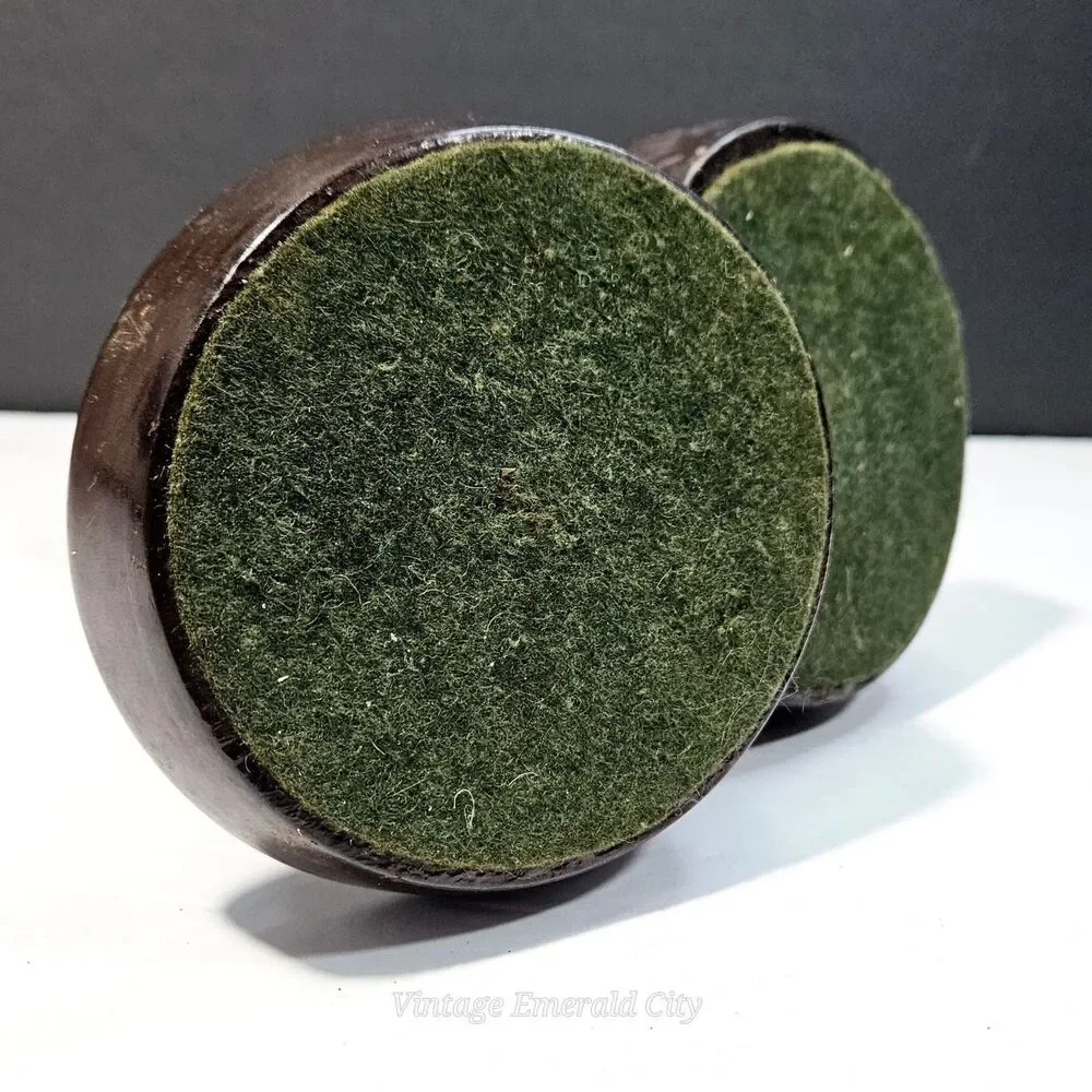 Vtg Candle Holders Turned Wood Set of 2 Brass Inserts Felted Base 9 inch READ